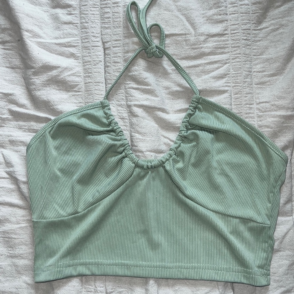 Pastel Green Ribbed Halter Crop Top